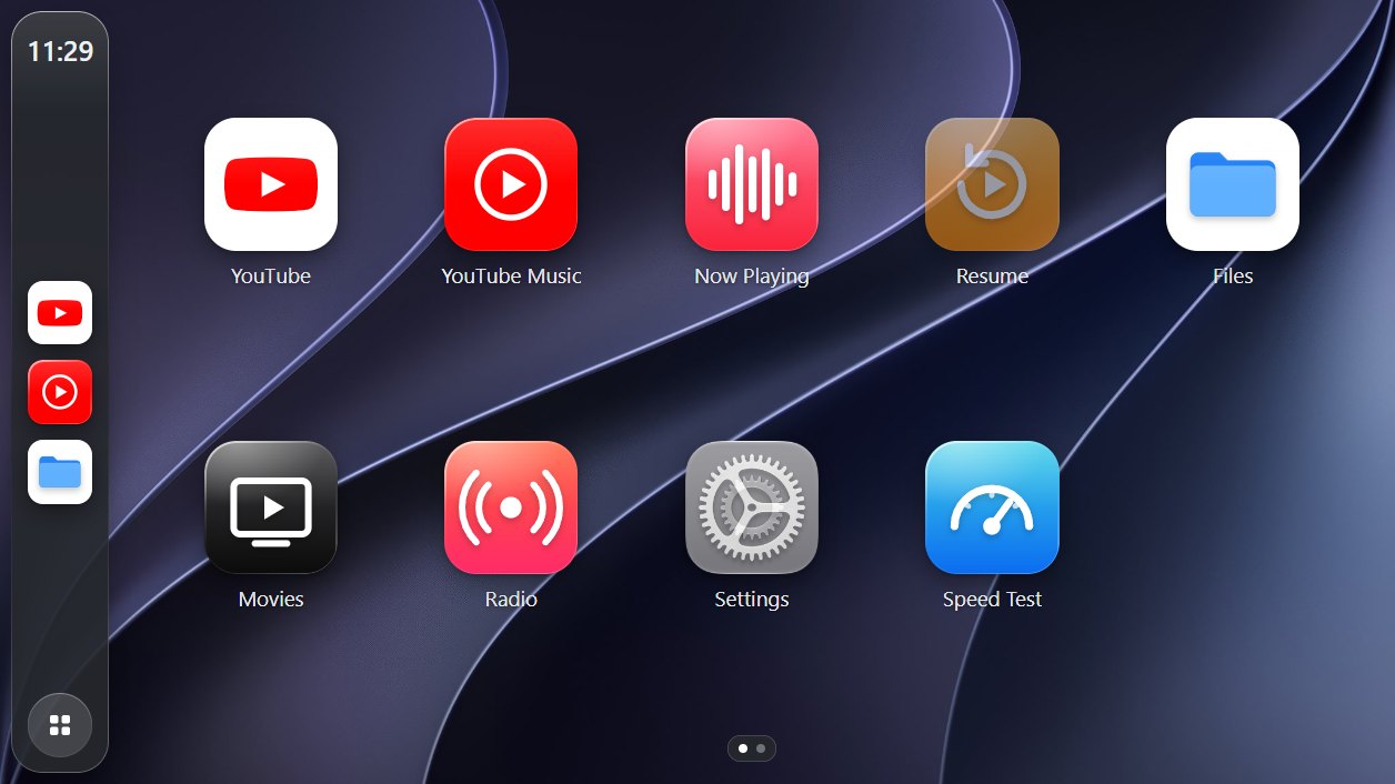 CarPlayer 在车上浏览器里的主屏幕:YouTube、YouTube Music、正在播放、继续播放、文件、电影、电台、设置和测速
